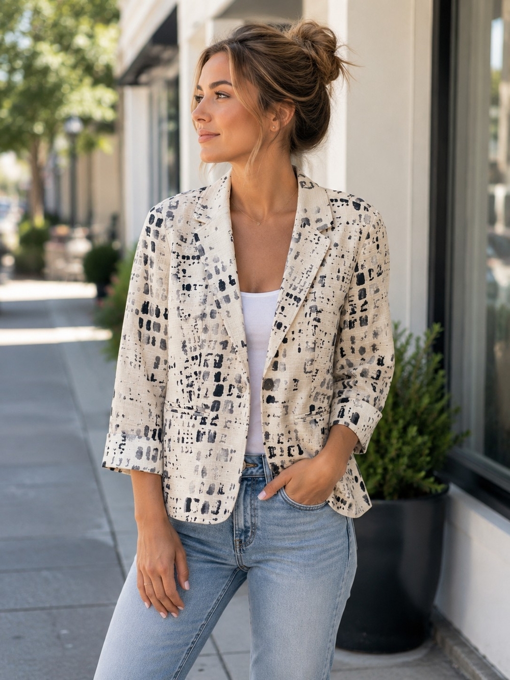 Coldwater Creek Linen Blend Abstract Print Blazer Jacket Size 4-6 Neutral Artsy